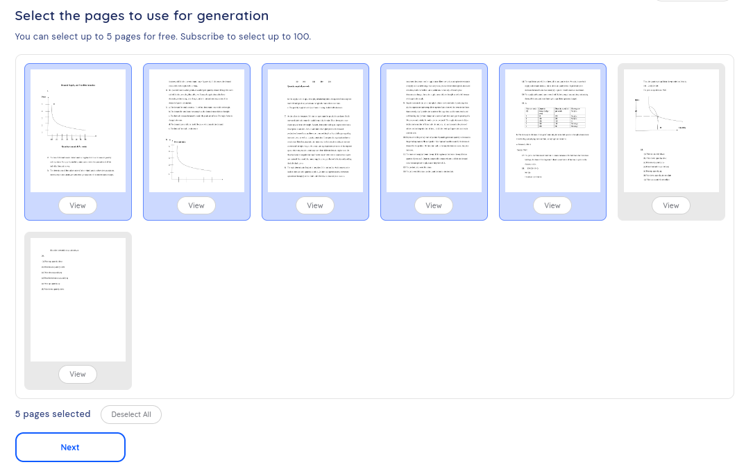 The document pages selection screen when uploading a document to be scanned by Revisely to create an AI-generated test.