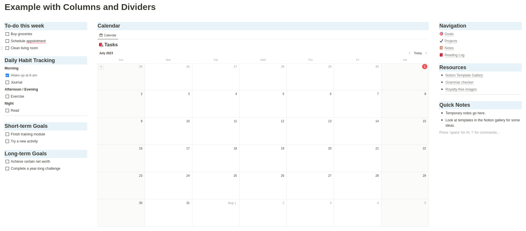 An example dashboard in Notion whose section is laid out with columns and dividers.