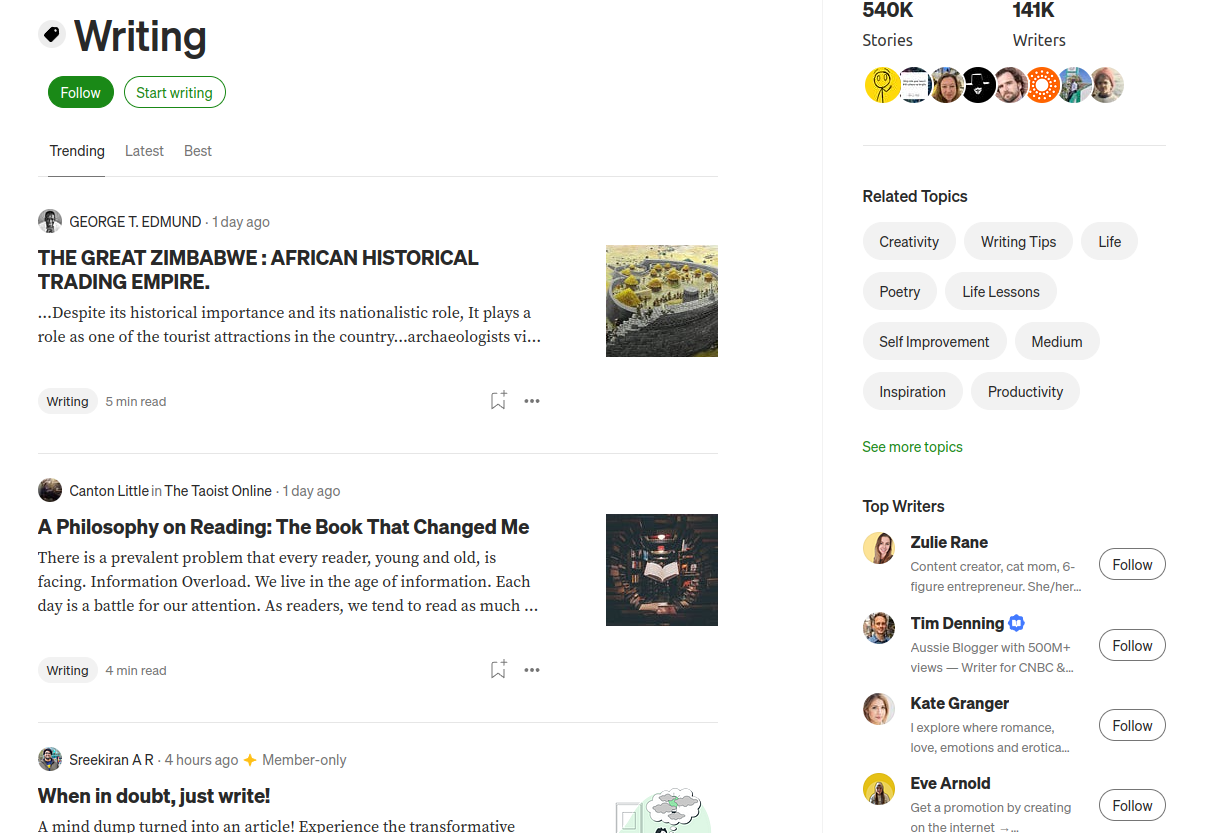 Medium's feed that contains posts, related topics and top writers.