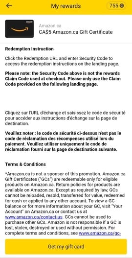 Instructions for redeeming a gift card. This example here is for an Amazon.ca gift card.